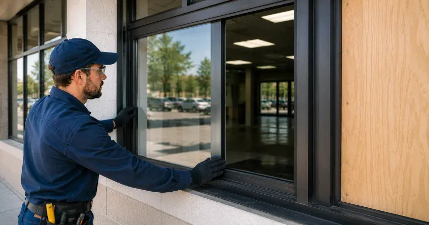 technician boarding a broken window after a break-in in Ballycroy, Caledon