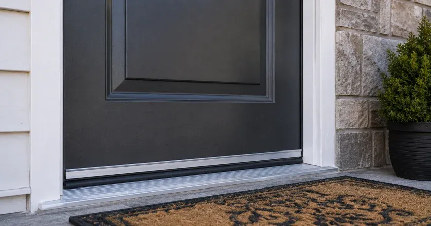 technician replacing worn door weatherstripping in Alloa, Caledon home