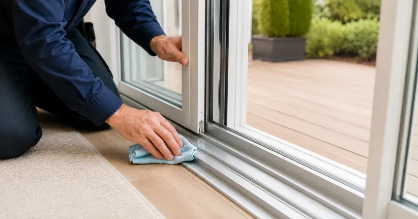 technician inspecting a sliding patio door track in McLeodville, Caledon