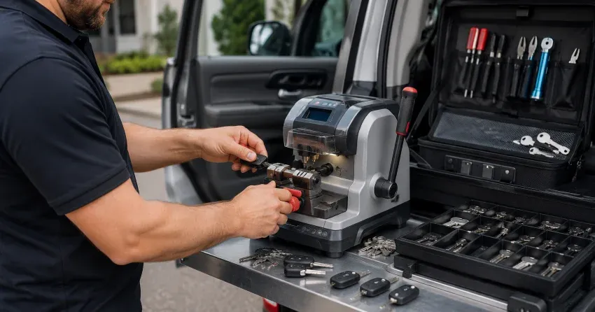 technician cutting a replacement car door lock key in Caledon
