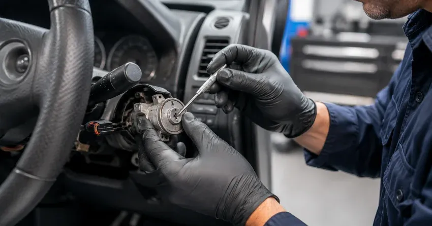 technician diagnosing an ignition lock repair issue in Caledon