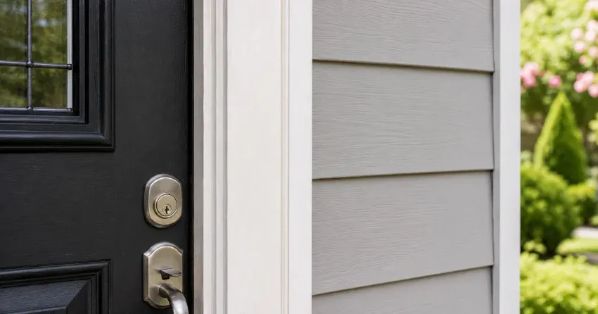 technician inspecting door jamb behind cracked casing in McLeodville, Caledon home