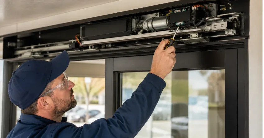 technician completing automatic door repair on residential property in Mayfield, Caledon