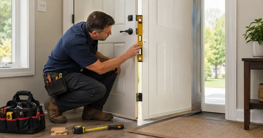technician diagnosing a misaligned door frame in Claude, Caledon