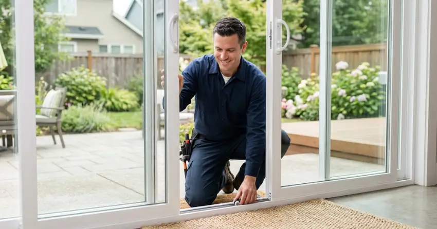 technician diagnosing a sticking patio door in Terra Cotta, Caledon