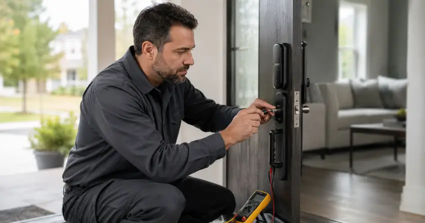 technician diagnosing automatic door lock mechanism on residential door in Queensgate, Caledon