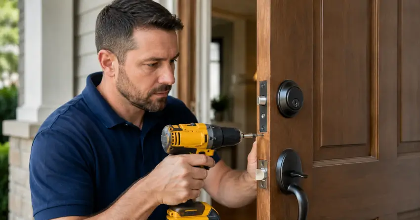 technician installing a new deadbolt during Change Door Lock Queensgate, Caledon service