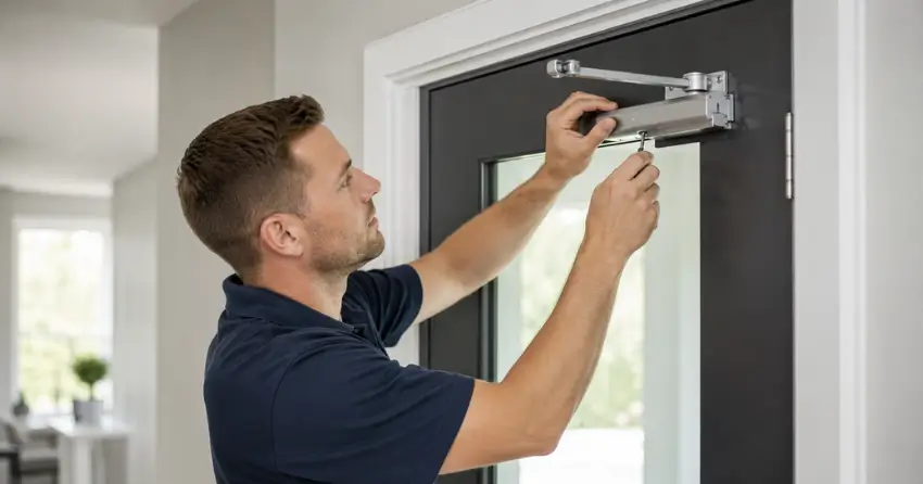 technician adjusting door closer hydraulic valve in Lockton, Caledon home