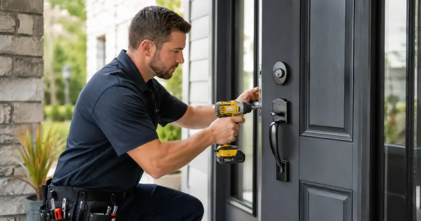 locksmith installing deadbolt lock on exterior door in Caledon