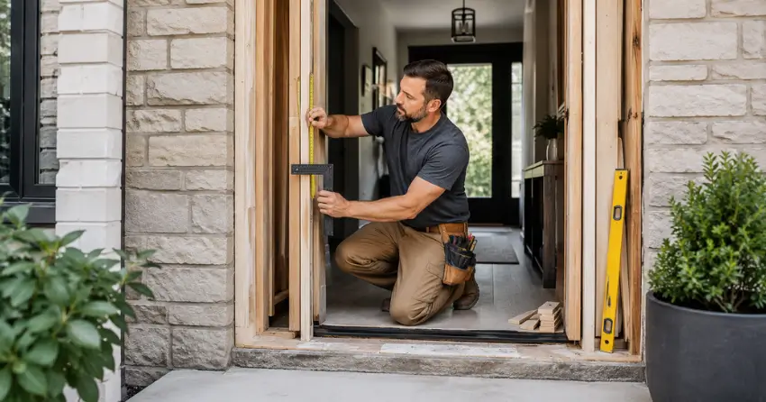 exterior door installer assessing rough opening in Lockton, Caledon