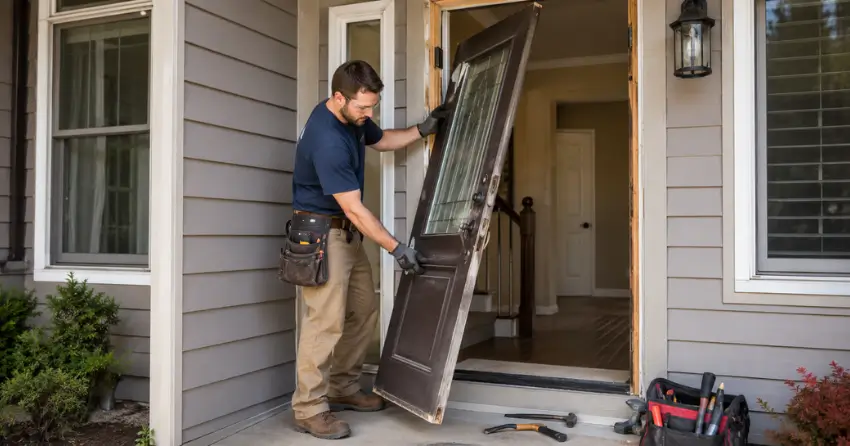 old exterior door being removed for replacement in Lockton, Caledon