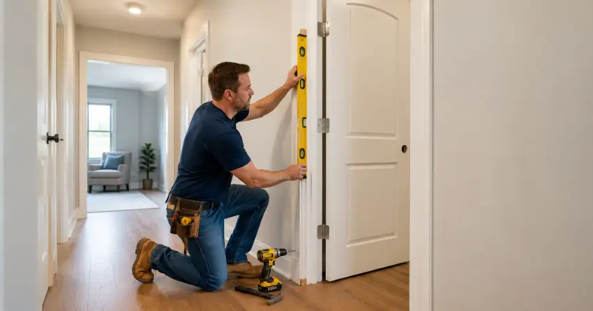 technician installing a pre-hung interior door in a home hallway Mayfield, Caledon