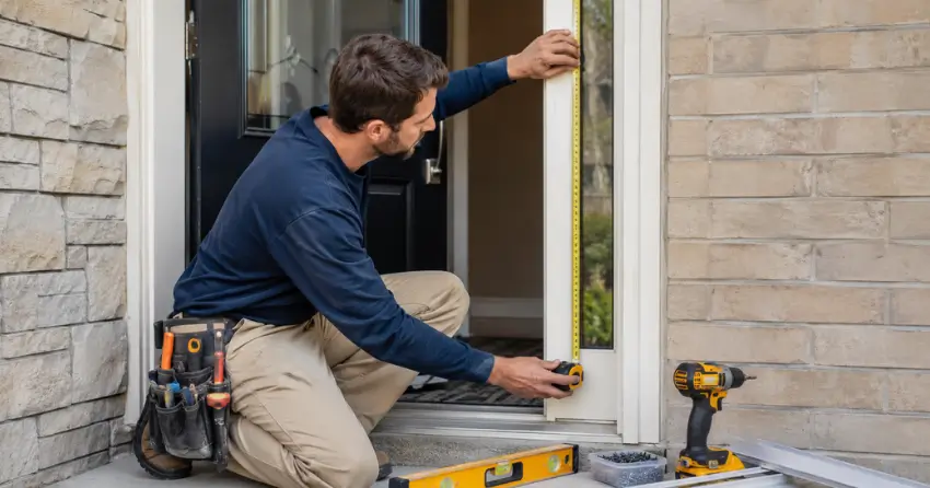 technician measuring door frame before storm door install in McLeodville, Caledon