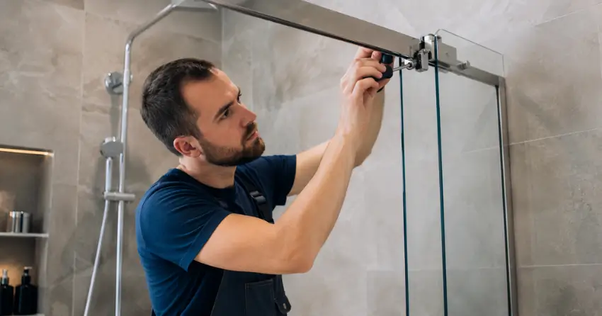 technician adjusting shower door hinge and track in Ballycroy, Caledon