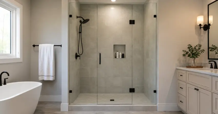 new frameless glass shower door installed in McLeodville, Caledon