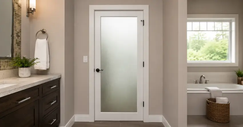 frosted glass panel bathroom door installed in a McLeodville, Caledon home