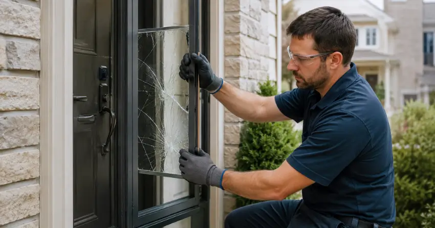 technician removing cracked storm door glass panel in Lockton, Caledon