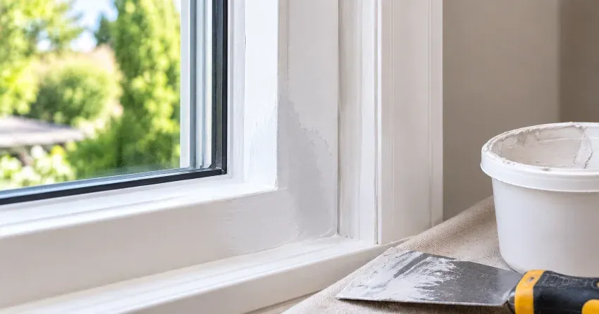 technician repairing rotted window frame corner in Caledon