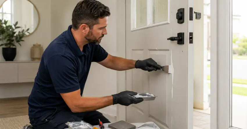 technician repairing fiberglass door surface crack in Stonehart, Caledon