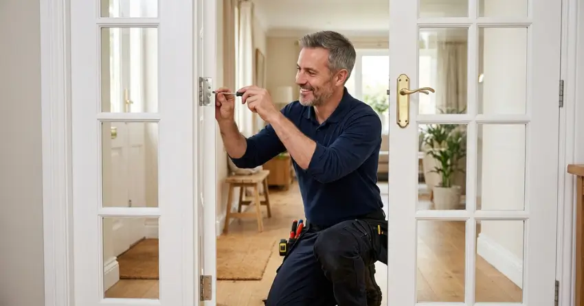 technician adjusting French door hinge for proper alignment in Caledon