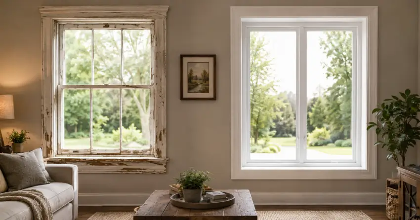 side by side comparison of old and new window in Caledon