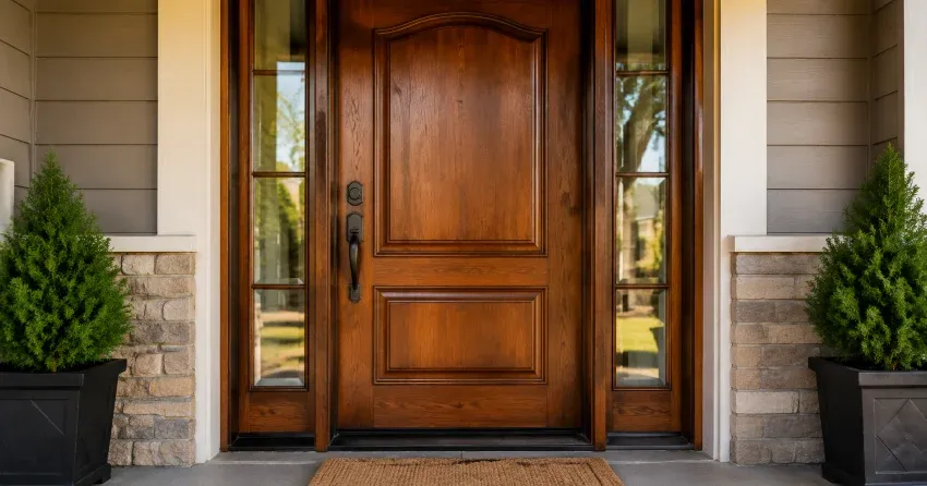 wood door mid-restoration showing stripped bare wood in Albion, Caledon