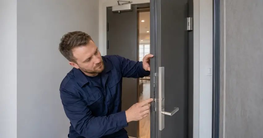 technician inspecting fire-rated door seal and hardware in Terra Cotta, Caledon