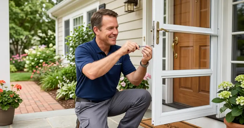 technician adjusting storm door hinge and closer in Alloa, Caledon